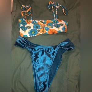 Floral Bikini Top and Shiny Blue Bottom